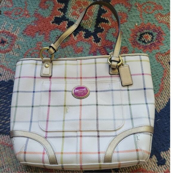 Coach plaid check white tote purse - Picture 1 of 4